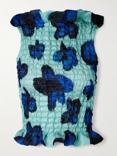 Ruffled Shirred Floral-print Silk-satin Top