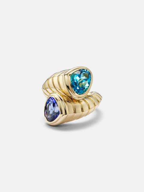 Toi Et Moi 18kt gold ring with topaz and tanzanite