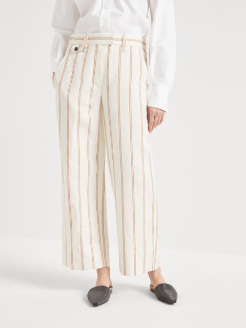 Linen and cotton regimental stripe panama cropped chino trousers with monili