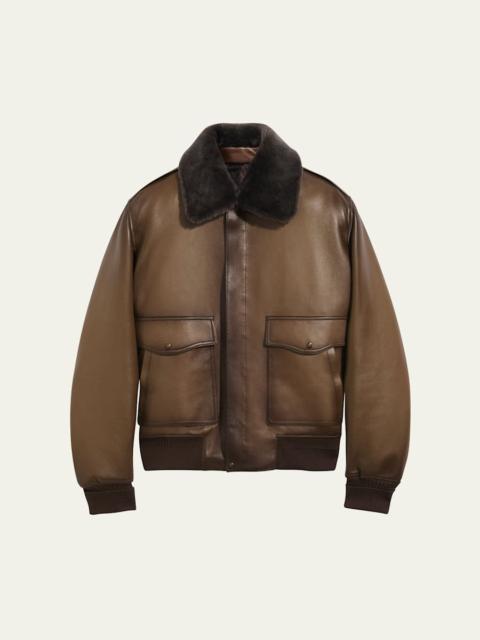 Men's Leather & Shearling Collar Bomber Jacket