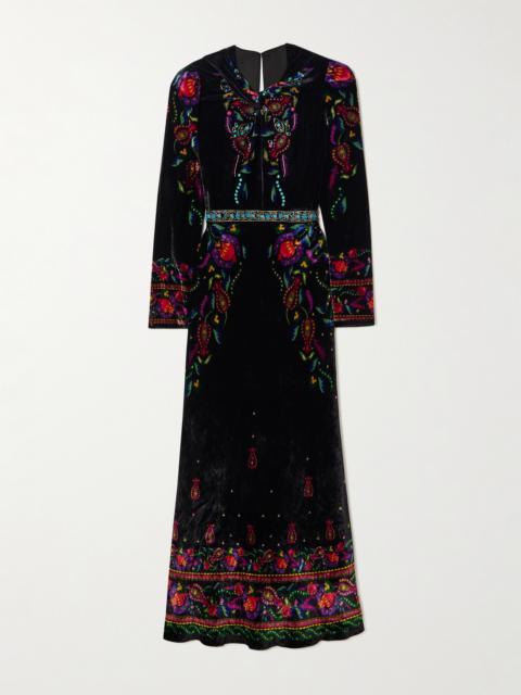 Claudia Twisted Embellished Printed Velvet Midi Dress