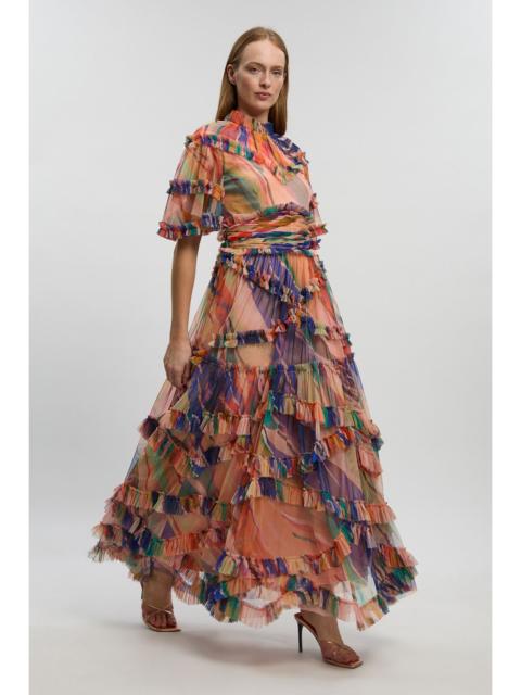 Marble Print Tulle Ruffle Detail Woven Maxi Dress