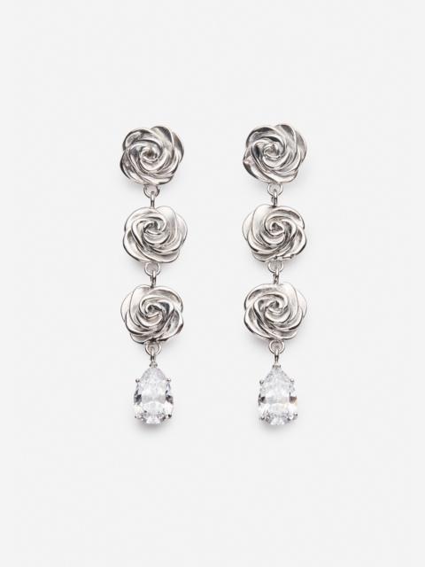 Triple rose crystal drop earrings in silver