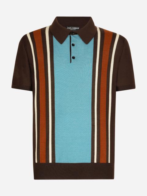 Silk and cashmere polo-shirt with striped inlay