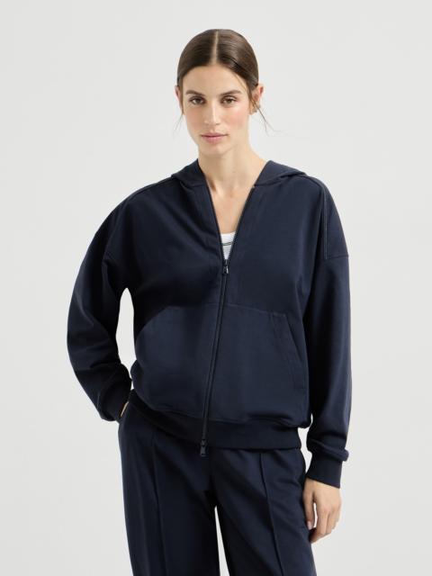 Stretch cotton lightweight French terry hooded sweatshirt with zipper and shiny trims