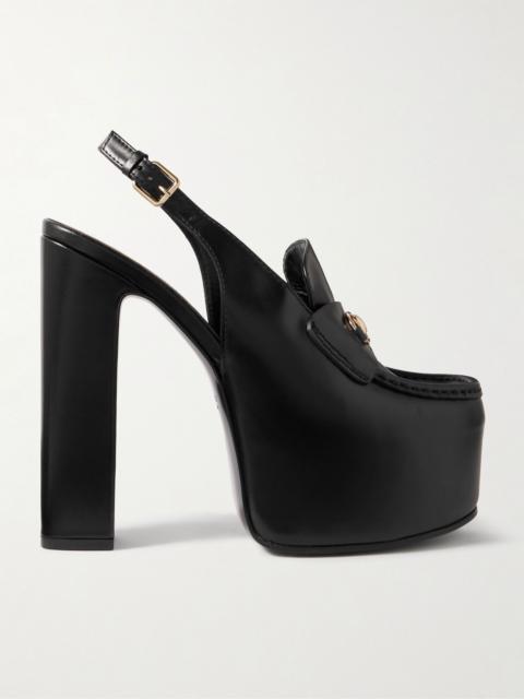 Horsebit-embellished leather slingback platform pumps Black
