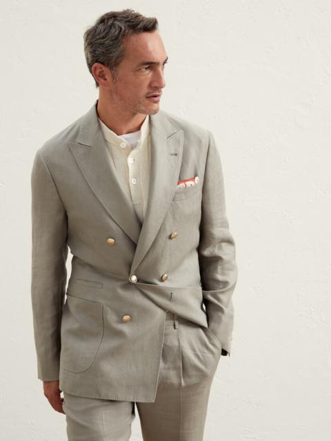 Linen chevron one-and-a-half breasted deconstructed blazer with patch pockets and metal buttons