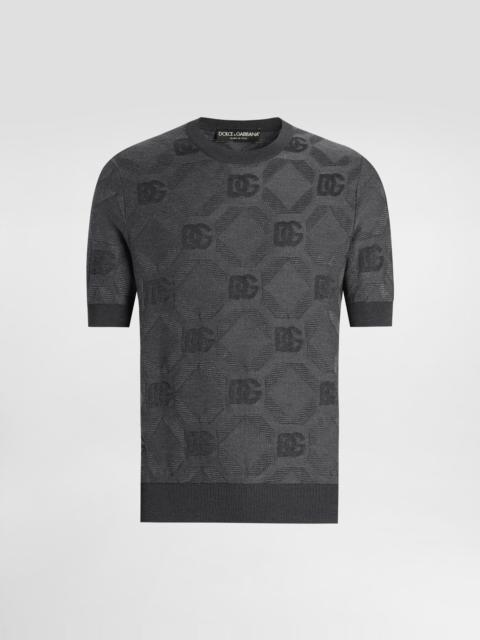 Silk round-neck sweater with jacquard logo
