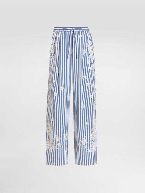 Striped poplin trousers with embroidery and rhinestones
