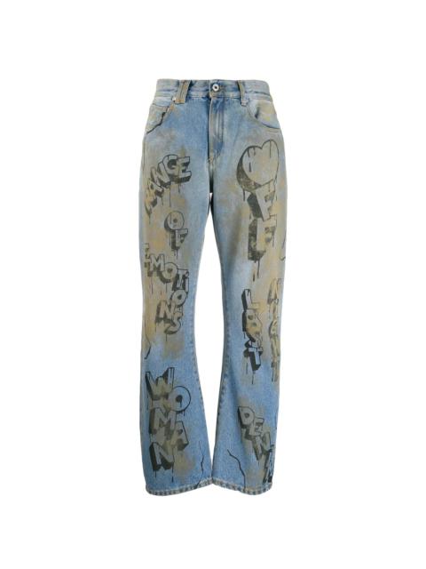 graffiti print straight leg jeans