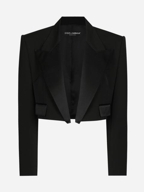 Short wool gabardine tuxedo jacket