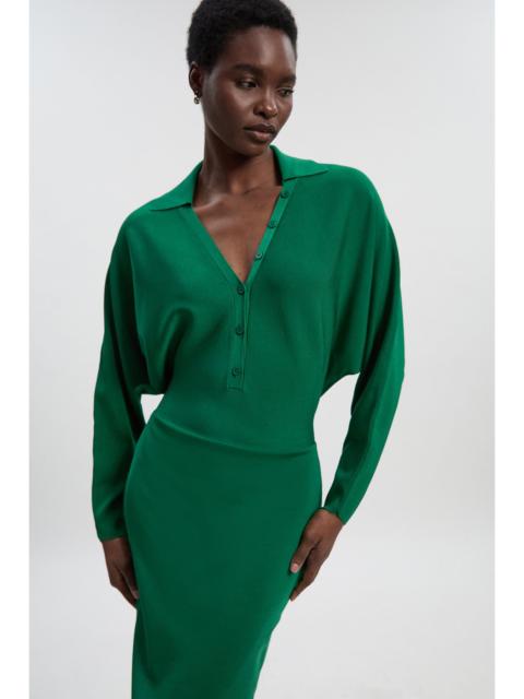 Petite Viscose Blend Slinky Batwing Button Neck Knit Midi Dress