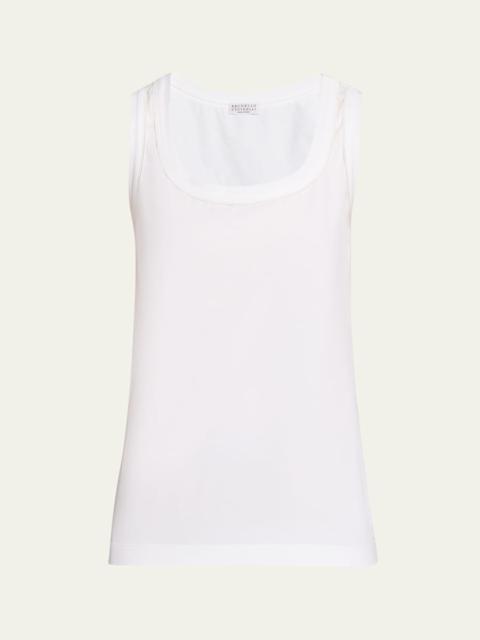 Metallic Stitched Scoop-Neck Cotton Stretch Tank Top