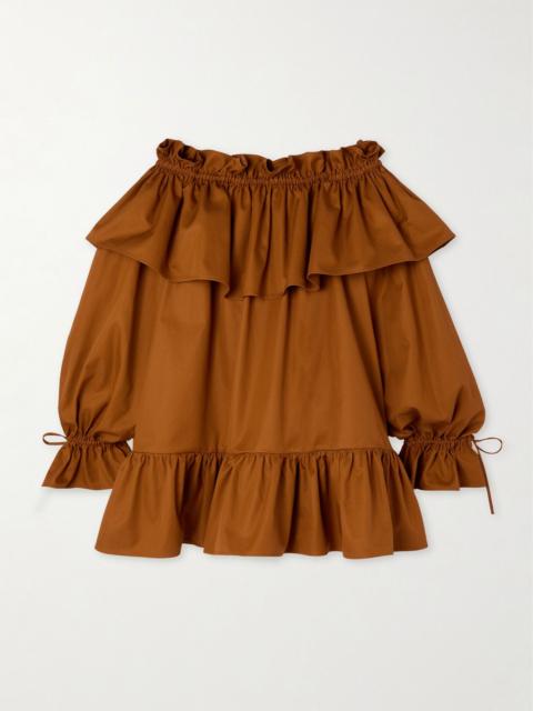 Off-the-shoulder ruffled cotton-twill mini dress Brick