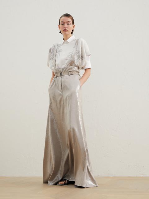 Dazzling satin paper-bag skirt with belt and suspenders