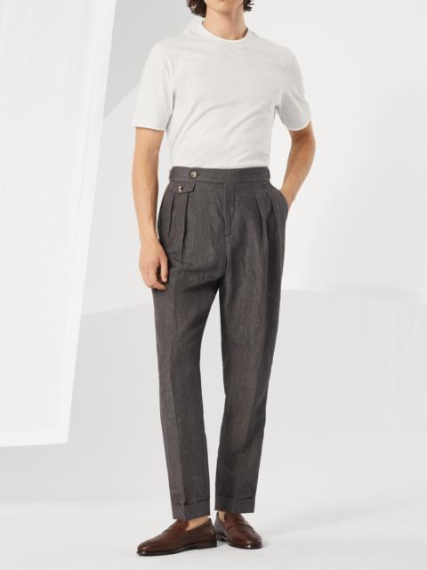 Lightweight délavé linen tailor fit trousers with reversed double pleats and waist tabs