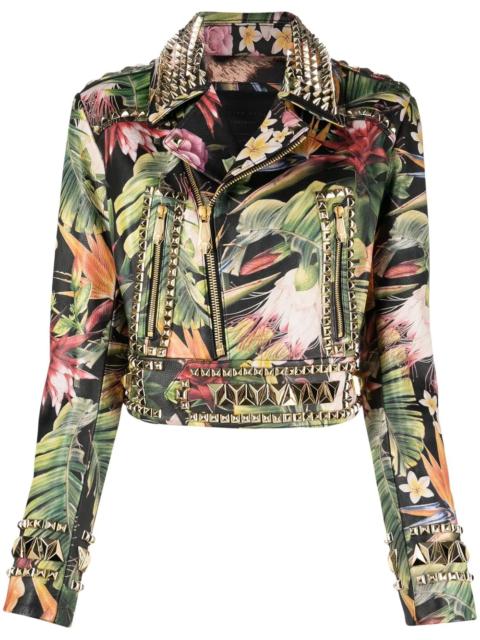 floral-print studded biker jacket