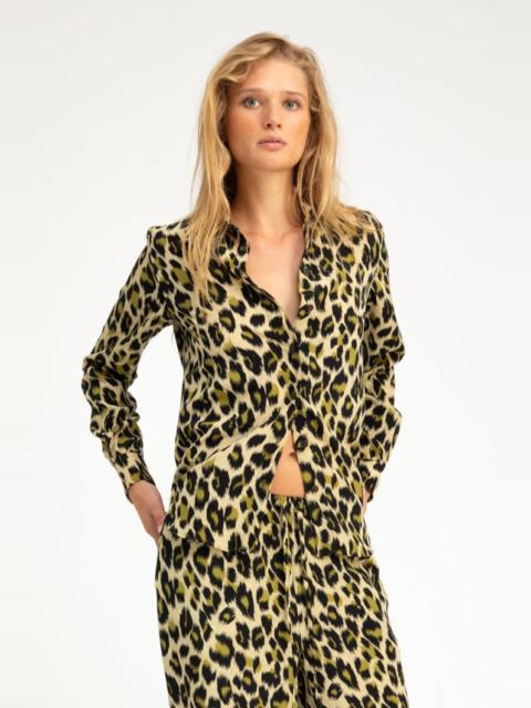 GREEN LEOPARD SILK FITTED BUTTON DOWN
