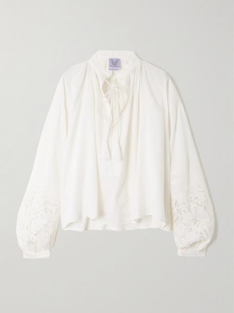 Gathered Broderie Anglaise Linen And Cotton-blend Blouse