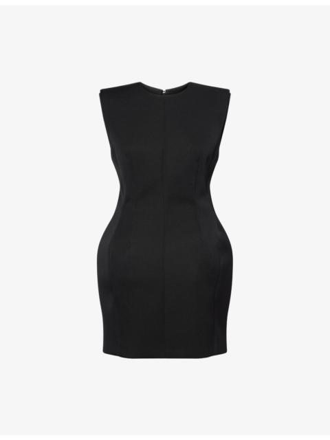 Padded-Shoulder Cinched-Waist Wool-Blend Mini Dress
