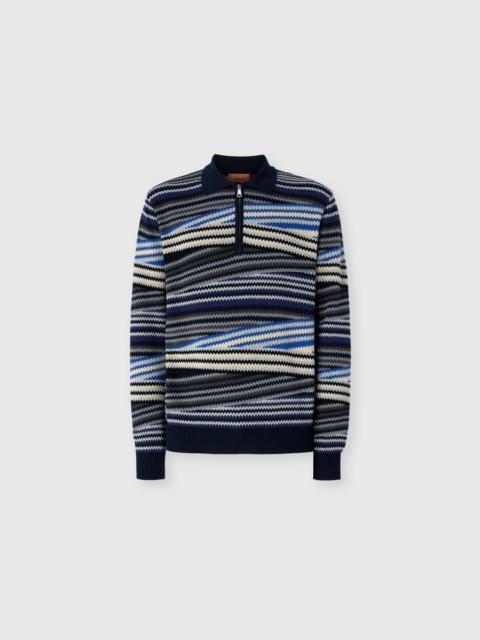 Long Sleeve Polo with Zip and Striped Zigzag Pattern