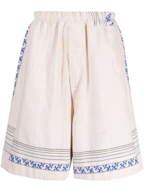 floral-embroidered linen drop-crotch shorts