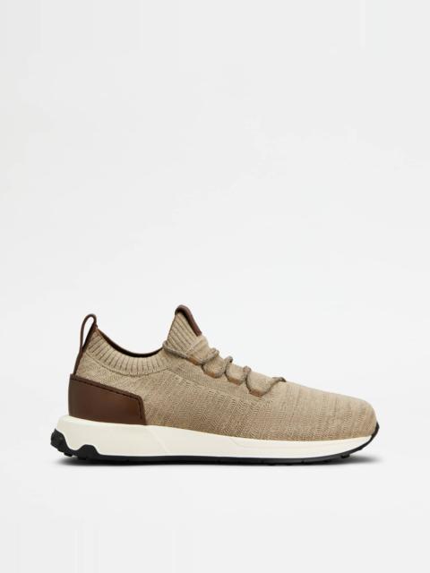 SOCK SNEAKERS IN TECHNICAL FABRIC AND LEATHER - BROWN, BEIGE