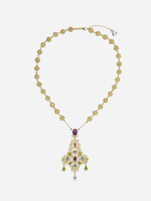 Pizzo necklace in yellow gold filigree with amethysts, aquamarines, peridots and morganite