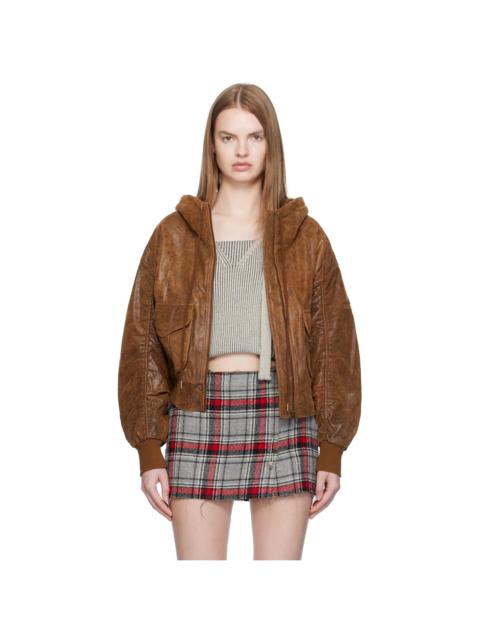 Tan Shirred Oversized Leather Bomber Jacket