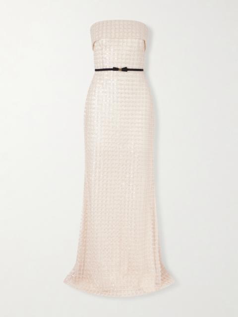 Strapless Belted Embellished Silk-blend Gown