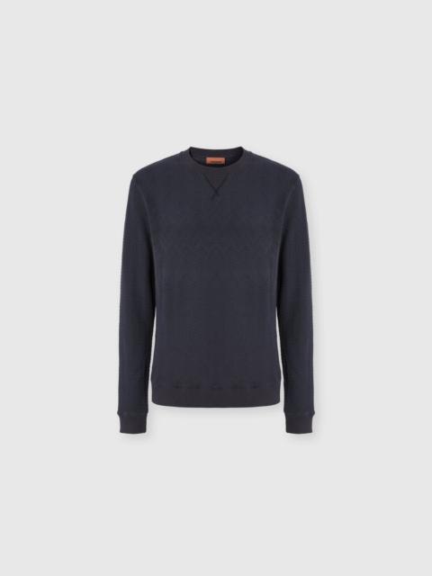 Crew-neck cotton and viscose sweatshirt with tone-on-tone zigzag pattern