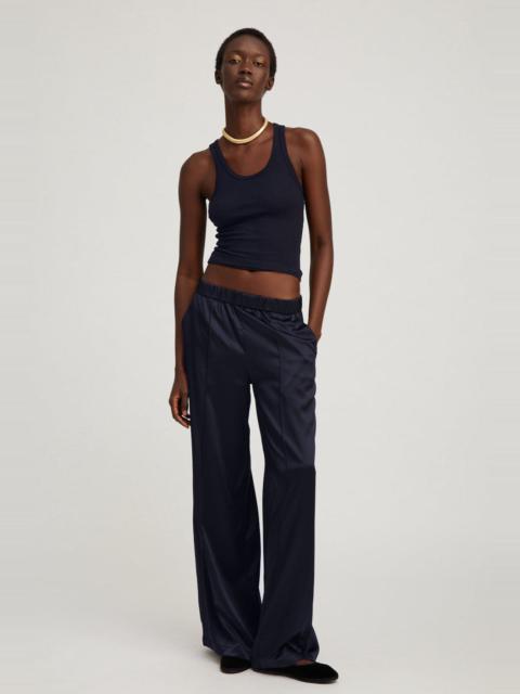 NAVY SILK WIDE LEG PINTUCK PANTS