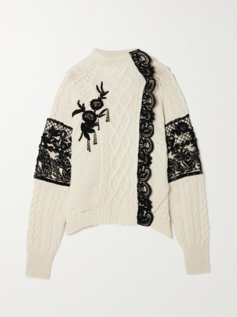 Lace-trimmed Embellished Cable-knit Wool-blend Sweater