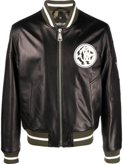 leather monogram-patch bomber jacket