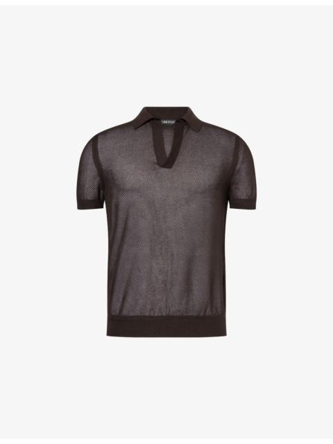 Open-Collar Mesh Cotton and Silk-Blend Polo Top