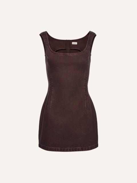 Round-neck mini denim dress in brown