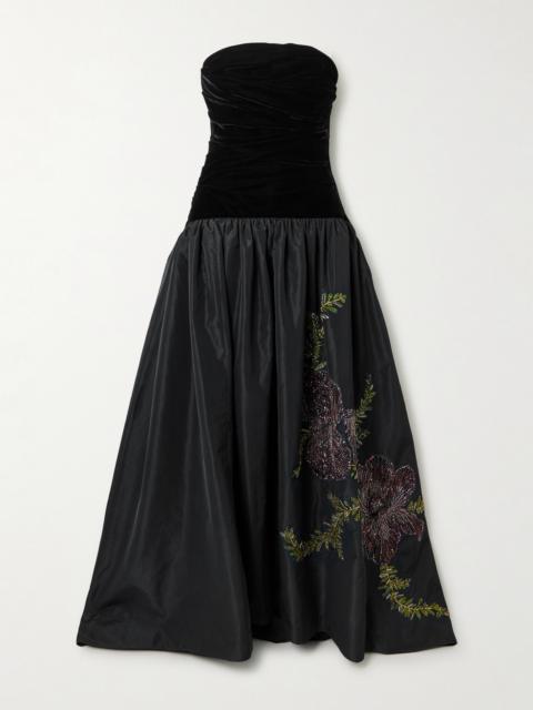 Eden Strapless Embellished Gathered Velvet And Taffeta Gown