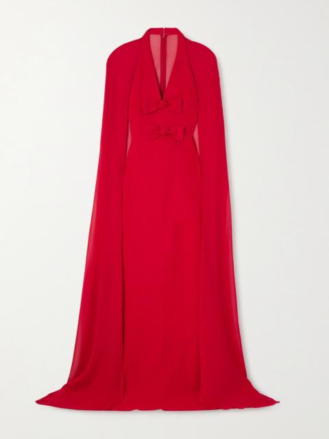 Cape-effect Bow-embellished Crepe Gown