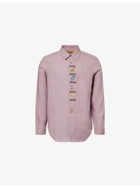 Embroidered-Motif Long-Sleeve Linen Shirt