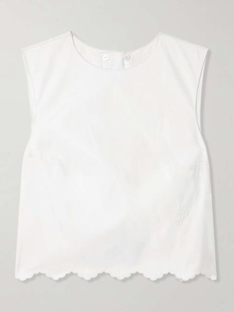 Cropped open-back scalloped cotton-poplin top White