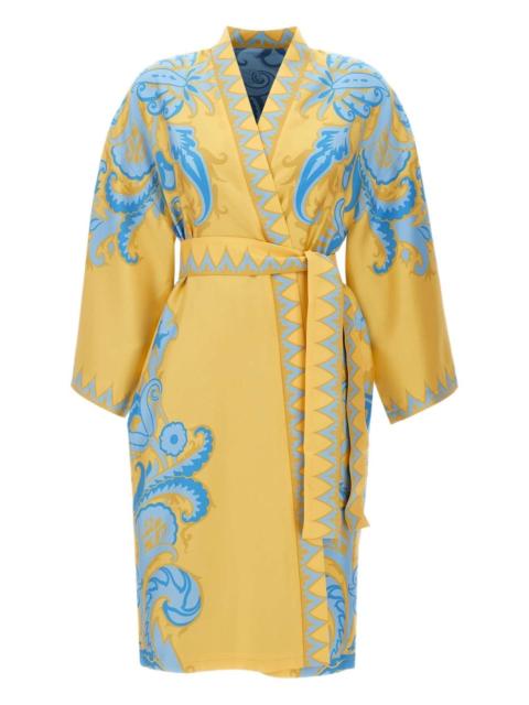 ornate-print belted robe dress