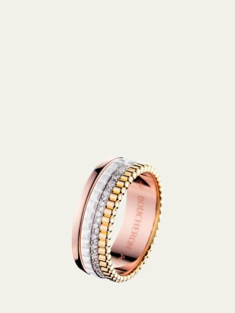 Quatre Small Ring in Tricolor Gold with White Ceramic and Diamonds