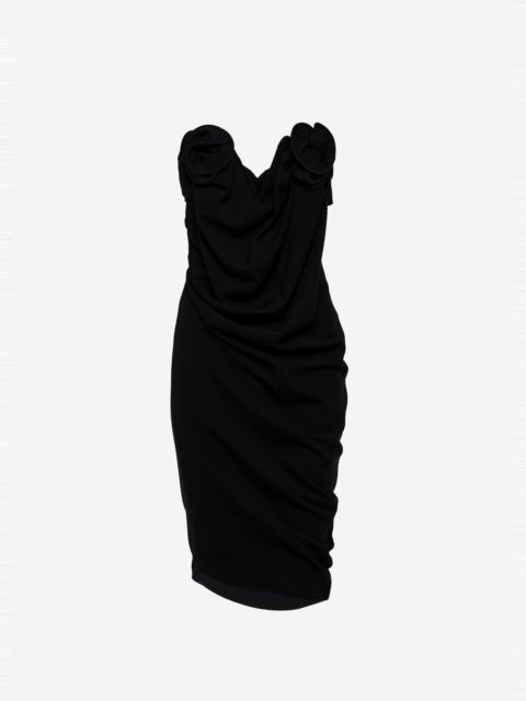 Strapless draped dress with sculptural floral detail in black