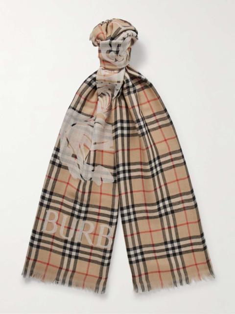 Frayed Logo-Print Checked Wool-Twill Scarf
