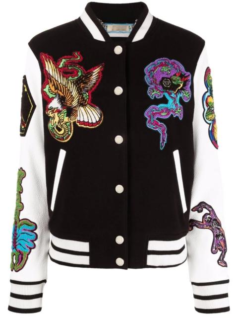 embroidered-patches colour-block varsity jacket