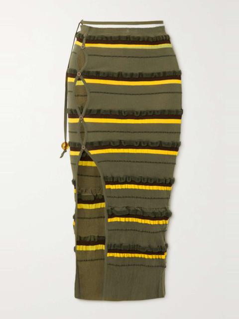 Concha cutout striped seersucker midi skirt