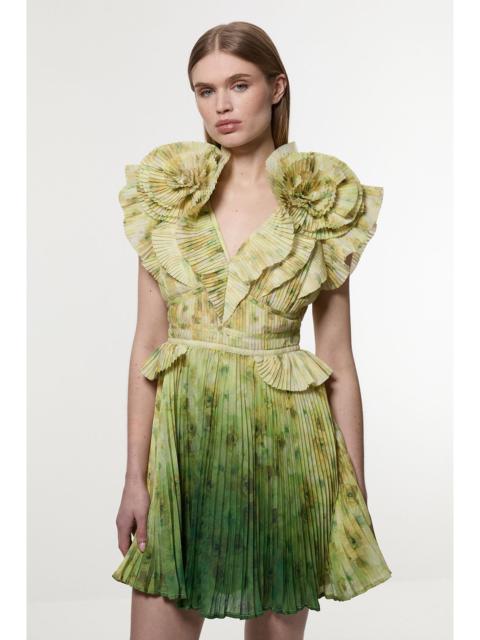 Crinkle Pleat Border Print Mini Dress With Rosette Detail