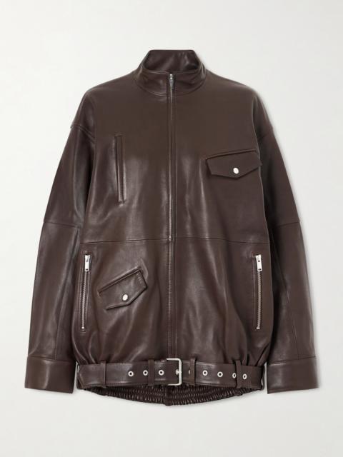 Belted Leather Bomber Jacket