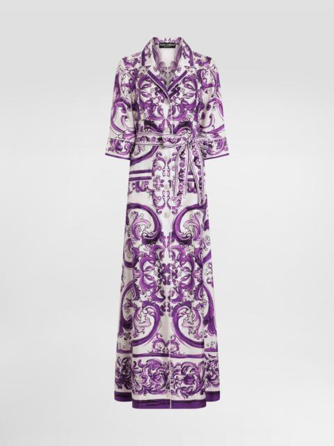 Long Majolica-print silk dressing robe