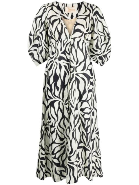 botanical-print button-up v-neck dress